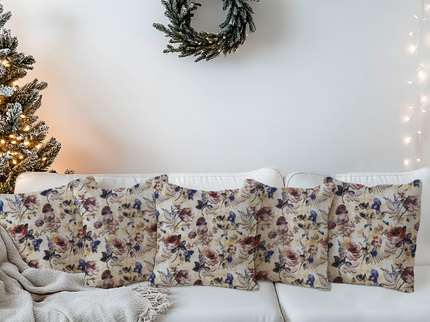 Dusty Rose and Blue Colour Floral and Leaves Pattern readymade cushion cover