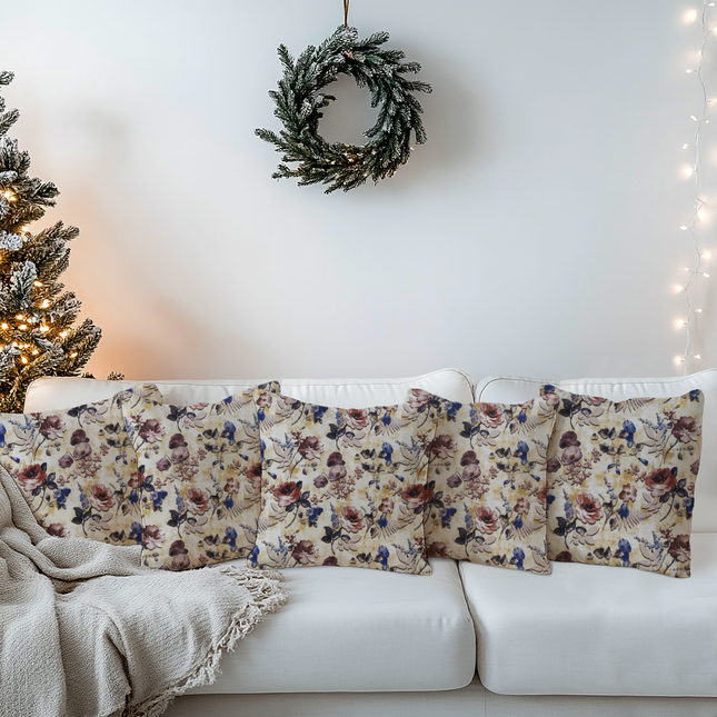 Dusty Rose and Blue Colour Floral and Leaves Pattern readymade cushion cover