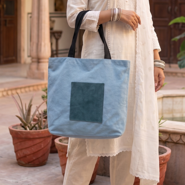 Unisex Blue Velvet Flock Fabric Soft Structured Tote Bag with Front Pocket