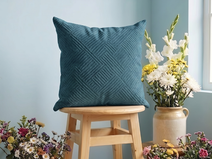 Deep teal colour textured velvet flock geometric pattern readymade cushion cover