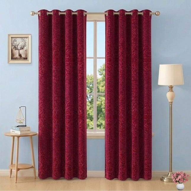Wine Colour Textured Velvet Flock Readymade Curtain