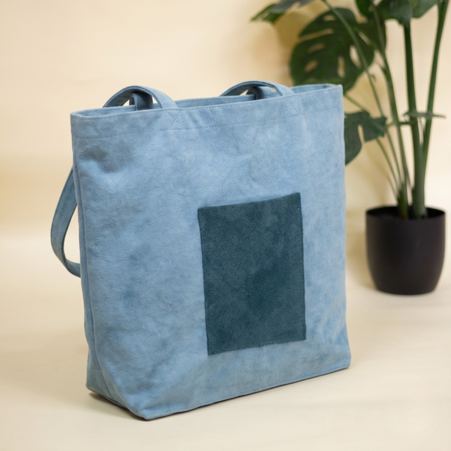 Unisex Blue Velvet Flock Fabric Soft Structured Tote Bag with Front Pocket
