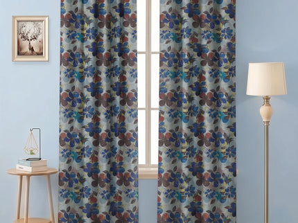 Brown and Blue Colour Floral and Leaves Pattern Velvet Easy Clean Readymade Curtain