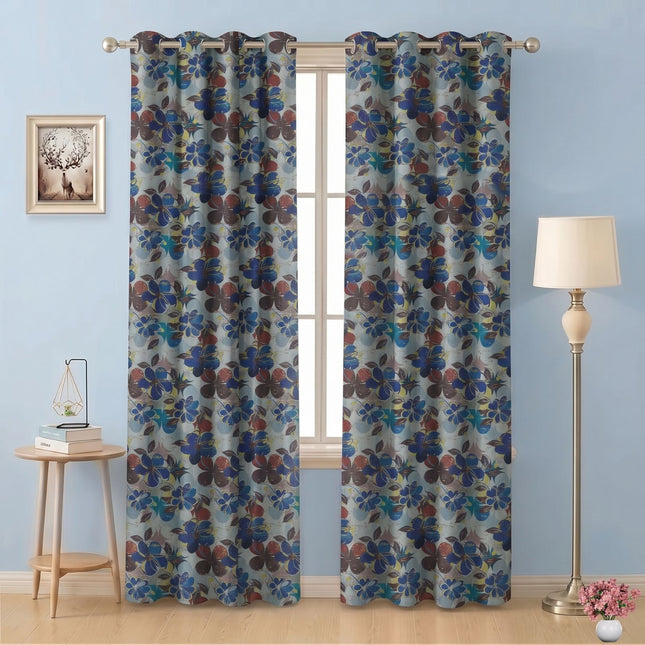 Brown and Blue Colour Floral and Leaves Pattern Velvet Easy Clean Readymade Curtain