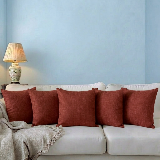 Rust red colour textured plain velvet flock readymade cushion cover