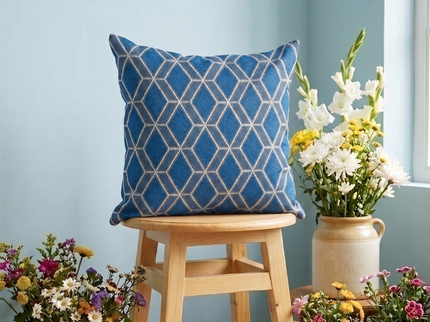 Royal blue colour geometric pattern velvet flock readymade cushion cover