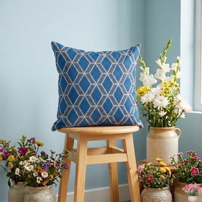 Royal blue colour geometric pattern velvet flock readymade cushion cover