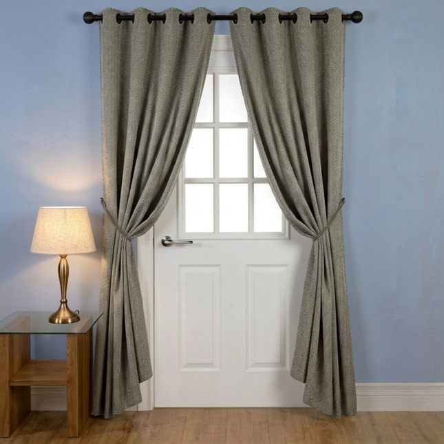 Greenish grey colour textured pattern velvet flock readymade curtain (Dual side)