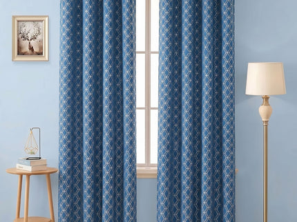 Royal blue colour geometric pattern velvet flock readymade curtain