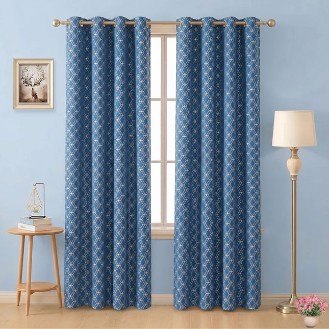 Royal blue colour geometric pattern velvet flock readymade curtain