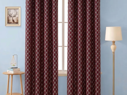 Wine colour geometric pattern velvet flock readymade curtain