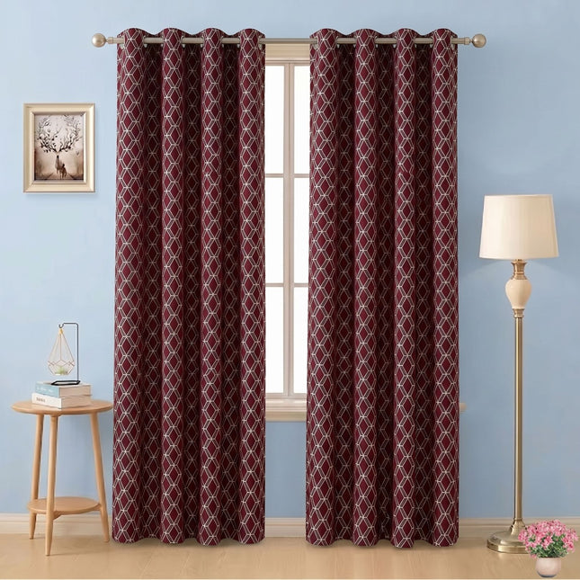 Wine colour geometric pattern velvet flock readymade curtain
