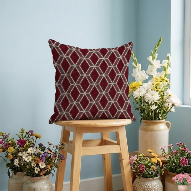 Wine colour geometric pattern velvet flock readymade cushion cover