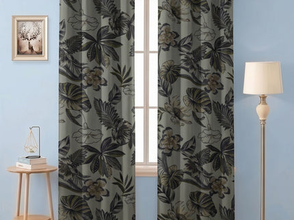 Olive Green and Mocha Brown Colour Floral and Leaves Pattern Velvet Readymade Curtain