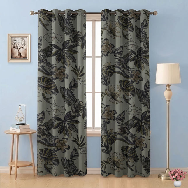 Olive Green and Mocha Brown Colour Floral and Leaves Pattern Velvet Readymade Curtain