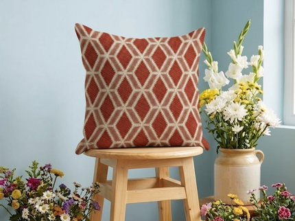 Rust red colour geometric pattern velvet flock readymade cushion cover