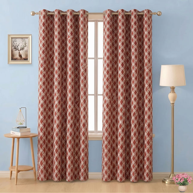 Rust red colour geometric pattern velvet flock readymade curtain