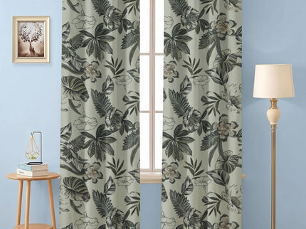 Olive Green and Warm Beige Colour Floral and Leaves Pattern Velvet Readymade Curtain