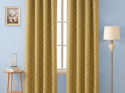 Mustard green colour geometric pattern velvet flock readymade curtain