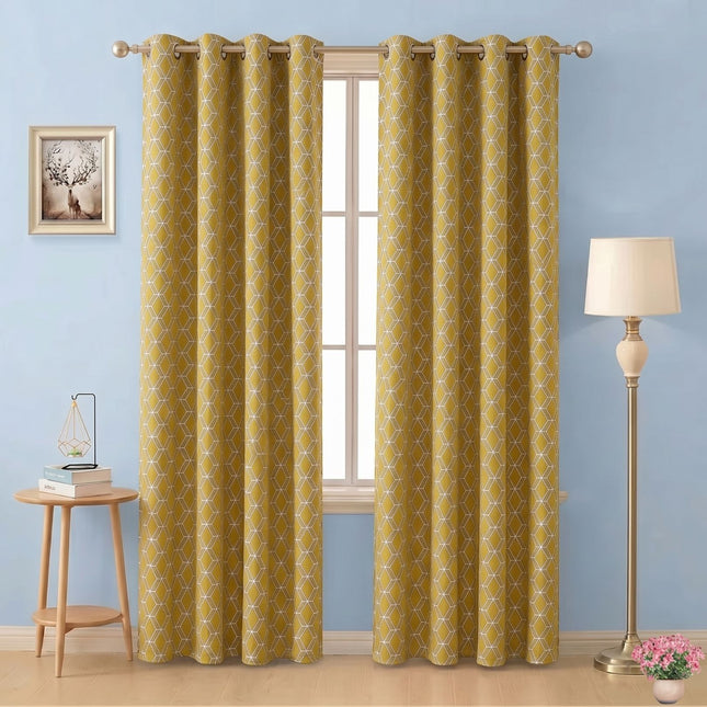 Mustard green colour geometric pattern velvet flock readymade curtain