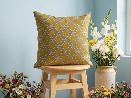 Mustard green colour geometric pattern velvet flock readymade cushion cover