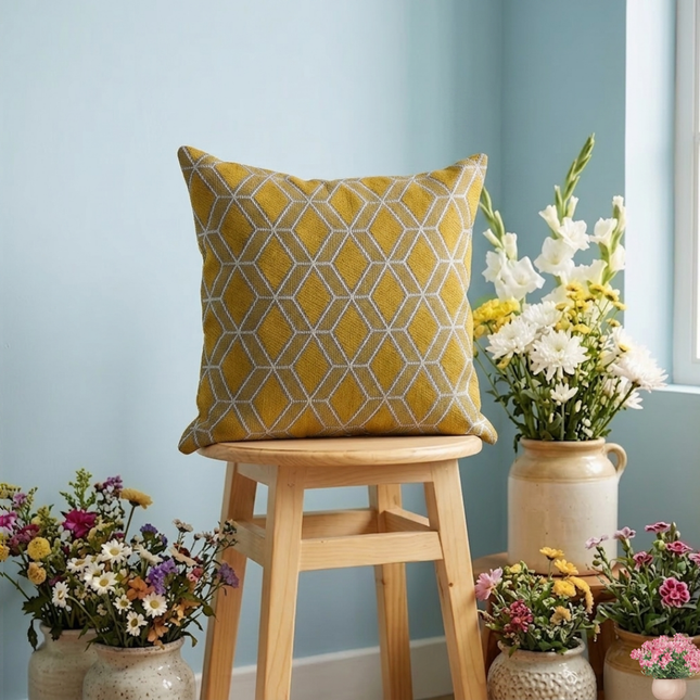 Mustard green colour geometric pattern velvet flock readymade cushion cover