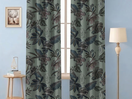 Dusty Rose and Forest Green Colour Floral and Leaves Printed Velvet Readymade Curtain