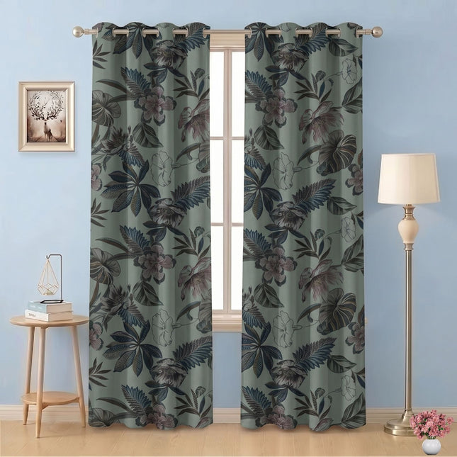 Dusty Rose and Forest Green Colour Floral and Leaves Printed Velvet Readymade Curtain