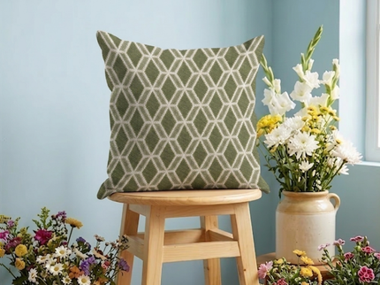 Olive green colour geometric pattern velvet flock readymade cushion cover