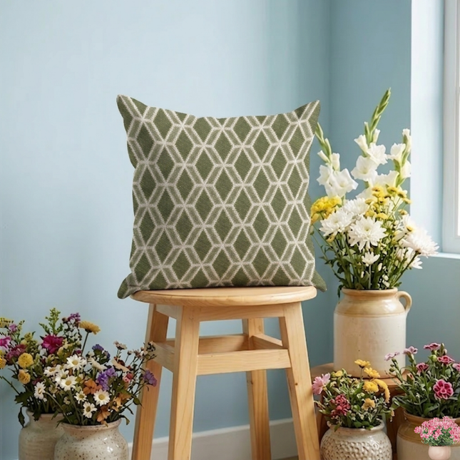 Olive green colour geometric pattern velvet flock readymade cushion cover