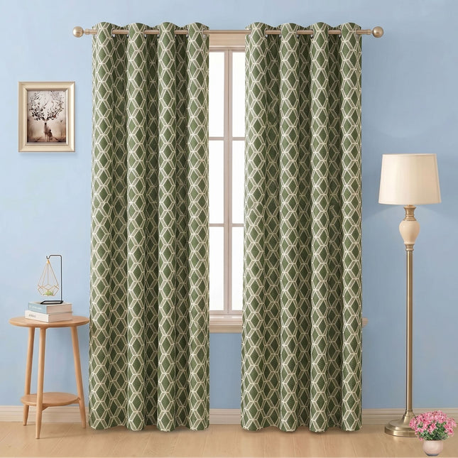 Olive green colour geometric pattern velvet flock readymade curtain