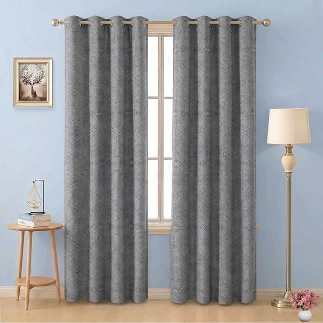 Beige Grey Colour Geometric Pattern Suede Readymade Curtain