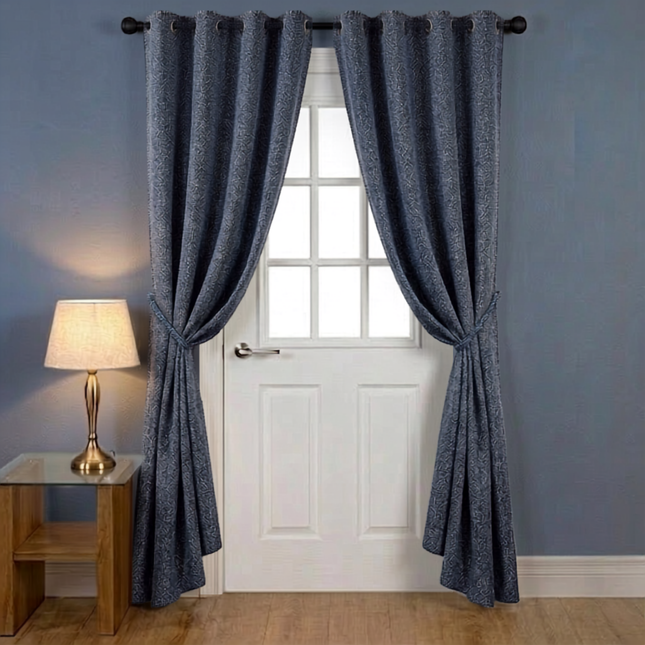 Navy blue colour textured velvet flock readymade curtain (Dual side)