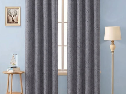 Stone Grey Colour Geometric Pattern Suede Readymade Curtain