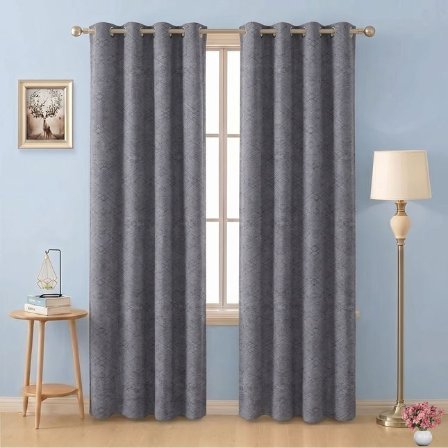 Stone Grey Colour Geometric Pattern Suede Readymade Curtain