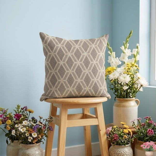 Taupe colour geometric pattern velvet flock readymade cushion cover