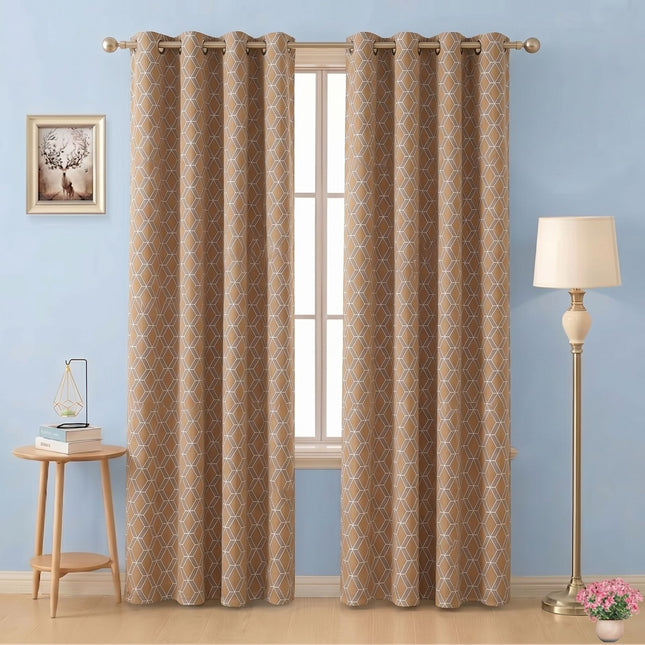 Brown colour geometric pattern velvet flock readymade curtain