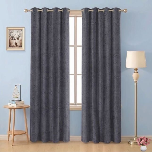 Medium Grey Colour Geometric Pattern Suede Readymade Curtain