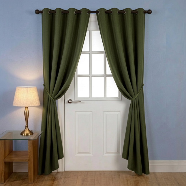 Olive green colour textured velvet flock readymade curtain (Dual side)