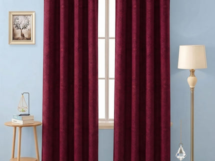 Wine Red Colour Geometric Pattern Suede Readymade Curtain