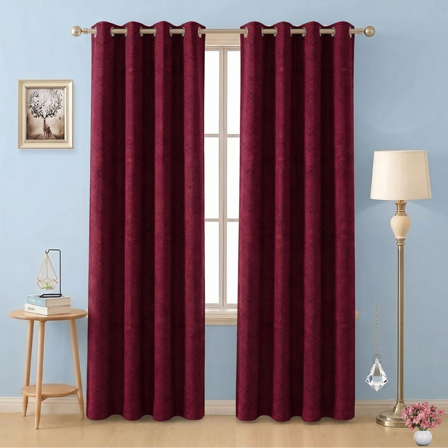 Wine Red Colour Geometric Pattern Suede Readymade Curtain