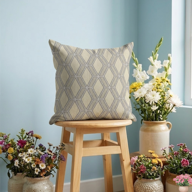 Sage greenish grey colour geometric pattern velvet flock readymade cushion cover