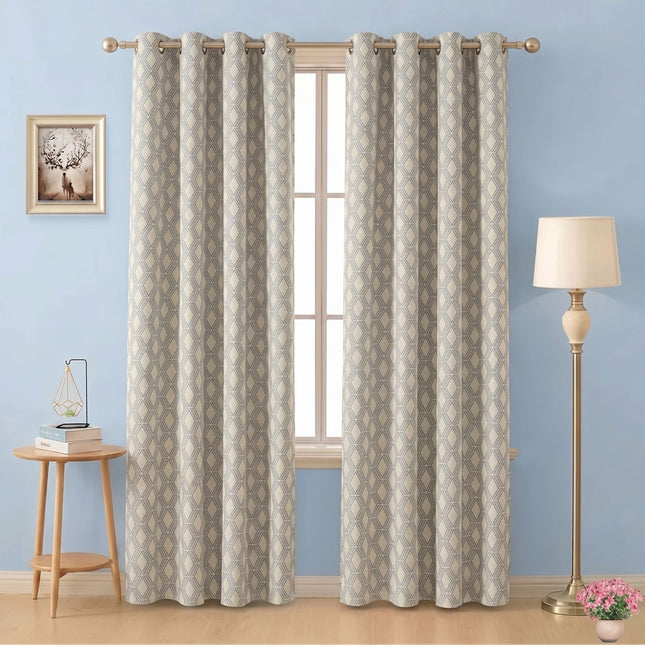 Sage greenish grey colour geometric pattern velvet flock readymade curtain