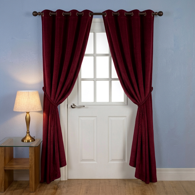 Wine burgundy colour textured velvet flock geometric pattern readymade curtain