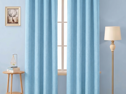 Sky blue colour textured velvet flock geometric pattern  readymade curtain