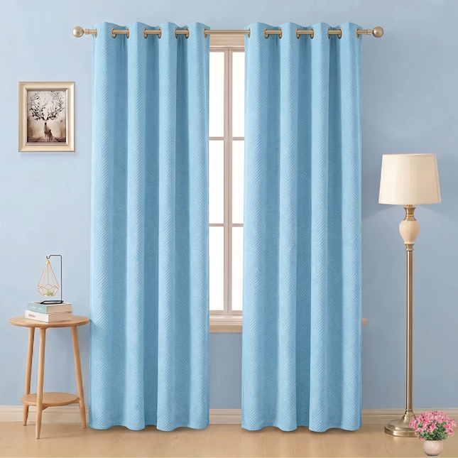 Sky blue colour textured velvet flock geometric pattern  readymade curtain