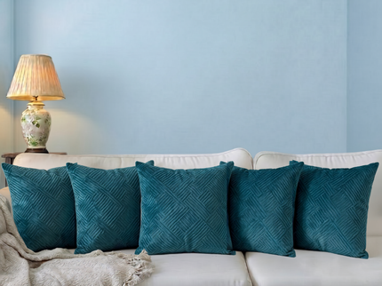 Deep teal colour textured velvet flock geometric pattern readymade cushion cover