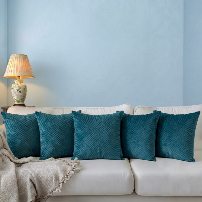 Deep teal colour textured velvet flock geometric pattern readymade cushion cover