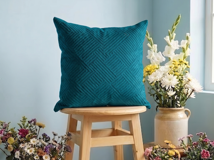 Teal blue colour textured velvet flock geometric pattern readymade cushion cover