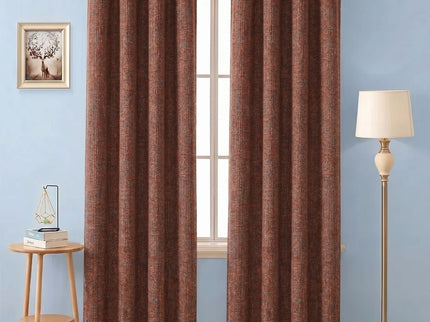 Rust red colour textured weave pattern velvet flock readymade curtain